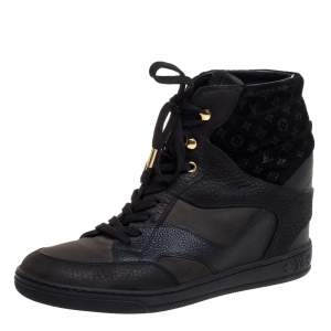مملوكة مسبقًا Louis Vuitton Black Monogram Suede and Leather Cliff Top Lace Up Sneakers Size 39.5