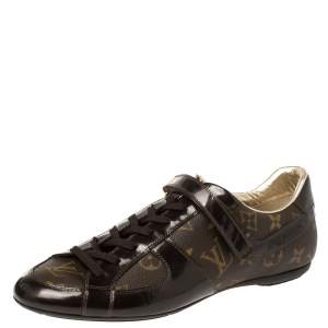 Pre Owned Louis Vuitton Brown Patent Leather And Monogram Canvas Lace Up Sneakers Size 39