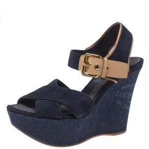 مملوكة مسبقًا Louis Vuitton Blue Suede And Denim Wedge Sandals Size 36.5