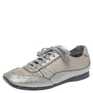 Louis Vuitton Silver/Beige Monogram Fabric and Python Lace Low Top Sneakers Size 38.5