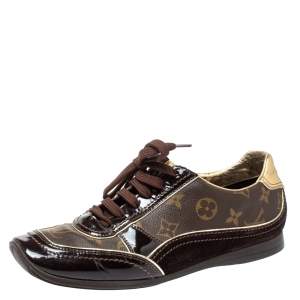 مملوكة مسبقًا Louis Vuitton Brown Patent Leather And Monogram Canvas Lace Up Sneakers Size 38.5