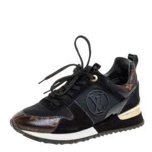 Pre Owned حذاء رياضي لوي فيتون رون اواي رباط علوي شبك و كانفاس مونوغرامي بني و أسود مقاس 35.5