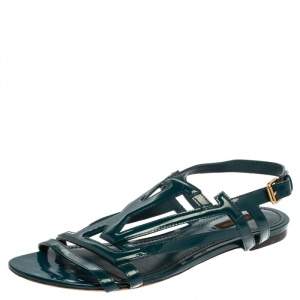 مملوكة مسبقًا Louis Vuitton Teal Blue Patent Leather Crossing Logo Flat Sandals Size 40