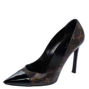 مملوكة مسبقًا حذاء كعب عالي لوي فيتون مونوغرام كانفاس وجلد لامع برقبة مقدمة مدببة مقاس 39.5