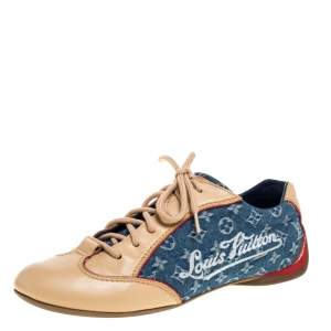 Pre Owned حذاء رياضي لوي فيتون عنق منخفض مونوغرامي دينم وجلد بيج / أزرق مقاس 36