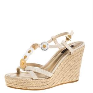 مملوكة مسبقًا Louis Vuitton Cream White Canvas Embellished Espadrille Wedge Sandals Size 40