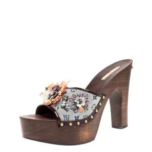 Pre Owned صندل لوي فيتون ميني لين مونوغرامي رصاصي/عنابي ورافية لامعة نعل سميك مقاس 40