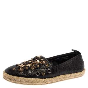 Pre Owned Louis Vuitton Black Leather Tropical Bloom Espadrille Size 37