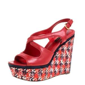 Louis Vuitton Red Leather And Multicolor Fabric Wedge Criss Cross Platform Slingback Sandals Size 37