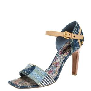 مملوكة مسبقًا Louis Vuitton Blue Denim And Leather Trim Patchwork Ankle Strap Sandals Size 37.5