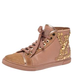 Louis Vuitton Pink Leather And Suede Studded Punchy Hight Top Sneakers Size 37