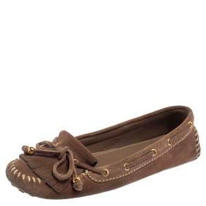 Pre Owned Louis Vuitton Brown Suede Bow Fringe Loafers Size 37
