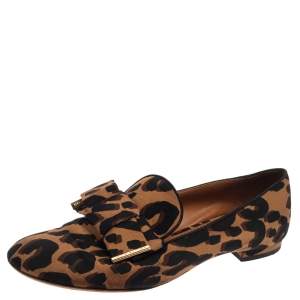 Pre Owned Louis Vuitton Brown Leopard Printed Canvas Bow Detail Smoking Slippers Size 36