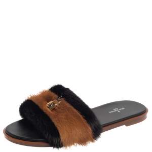 Pre Owned Louis Vuitton Two Tone Mink Fur Lock It Flat Slides Size 38.5