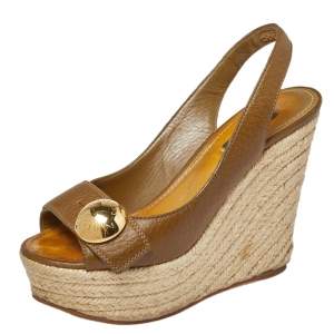 Pre Owned Louis Vuitton Olive Green Leather Wedge Espadrille Peep Toe Platform Slingback Sandals Size 37