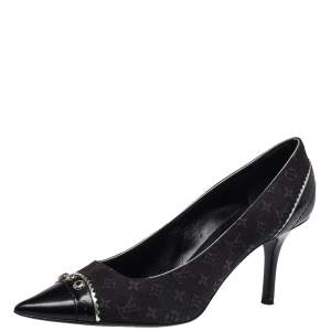 Pre Owned Louis Vuitton Black Mini Lin Canvas And Leather Raquel Studded Pumps Size 39