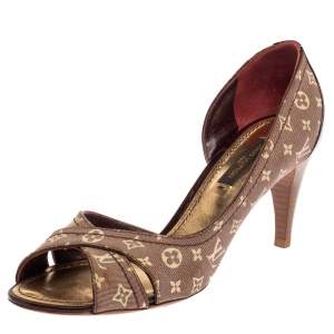 Pre Owned حذاء كعب عالي لوي فيتون دورساي مقدم ة مفتوحة جلد لامع و كانفاس ميني لين بيج و عنابي مقاس 35.5