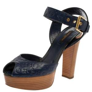 مملوكة مسبقًا Louis Vuitton Blue Infini Monogram Empreinte Leather Ankle Strap Sandals Size 38
