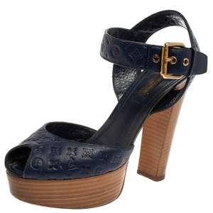 Louis Vuitton Blue Monogram Empreinte Leather Peep Toe Block Heel Ankle Strap Sandals Size 38