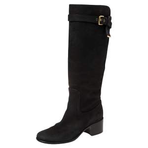 مملوكة مسبقًا Louis Vuitton Black Textured Nubuck Knee High Buckle Boots Size 37