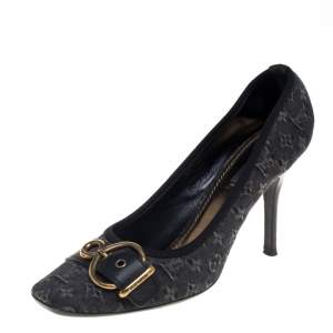 مملوكة مسبقًا حذاء كعب عالي لوي فيتون بإبزيم مزين ميني لين جلد وكانفاس أسود مقاس 40