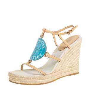 مملوكة مسبقًا Louis Vuitton Beige And Blue Vachetta Leather Divine Trunks And Bags Espadrille Wedge Sandals Size 38