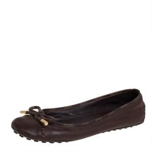 Pre Owned Louis Vuitton Brown Leather And Damier Ebene Canvas Bow Ballet Flats Size 40 