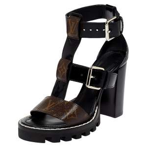 Pre Owned Louis Vuitton Black Patent Leather and Monogram Canvas Star Trail Sandals Size 35