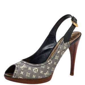 Pre Owned Louis Vuitton Blue/White Min Lin Monogram Canvas And Patent Slingback Sandals Size 39.5