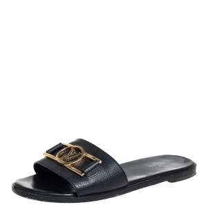 Pre Owned Louis Vuitton Black Leather Lockit Flat Slides Size 37