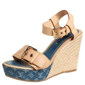 مملوكة مسبقًا Louis Vuitton Beige Monogram Denim & Leather Espadrilles Wedge Sandals Size 37.5