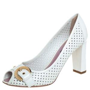 Louis Vuitton White Perforated Leather Buckle Peep Toe Block Heel Pumps Size 36.5
