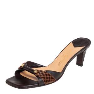 Pre Owned صندل سلايد لوي فيتون شعر عجل دامييه و جلد بني فينتدج مقاس 39.5