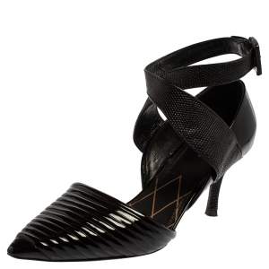 Pre Owned Louis Vuitton Black Lizard Leather Embossed And Patent Leather Ankle Strap Pointed Toe Pumps Size 40