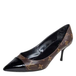 مملوكة مسبقًا Louis Vuitton Brown Monogram Canvas And Patent Leather Cap Toe Fetish Pointed Toe Pumps Size 38.5