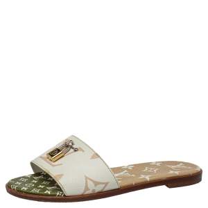 مملوكة مسبقًا Louis Vuitton White Monogram Canvas Lock It Flat Slides Size 36.5
