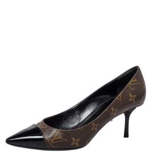 Pre Owned Louis Vuitton Brown/Black Monogram Canvas And Leather Cap Toe Fetish Pointed Toe Pumps Size 37