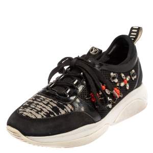Louis Vuitton Black Patent Leather And Mesh Crystal Embellished Low Top Sneakers Size 37