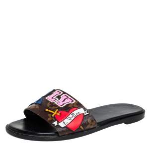 Pre Owned Louis Vuitton Brown/Beige Monogram Canvas Heart Flat Slides Size 36