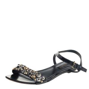مملوكة مسبقًا Louis Vuitton Black Leather Studded Ankle Strap Flat Sandals Size 40