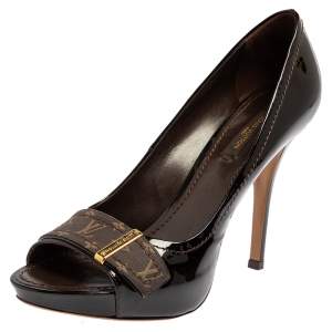 Pre Owned Louis Vuitton Black Patent Leather And Mini Lin Canvas Open Toe Platform Pumps Size 37.5