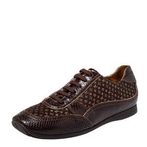 Louis Vuitton Brown Monogram Satin And Python Embossed Leather Low Top Sneakers Size 39.5