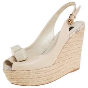 Pre Owned صندل لوى فيتون فتحة كعب مقدمة مفتوحة كعب روكى إسبادريل مزخرف مكعب غوسيب جلد بيج مقاس 37.5