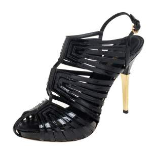 Louis Vuitton Black Patent Leather Caged Slingback Sandals Size 38