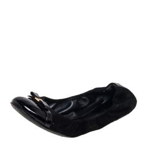 حذاء باليرينا فلات لوي فيتون ايلبا جلد لامع وسويدي أسود مجعد مقاس 36.5