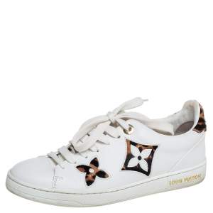 Louis Vuitton White Leather And Brown/Beige Calf Hair Frontrow Low Top Sneakers Size 36