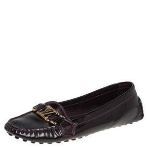 Pre Owned Louis Vuitton Burgundy Patent Leather Slip On Loafers Size 38