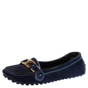 Pre Owned Louis Vuitton Navy Blue Suede Logo Slip On Loafers Size 36