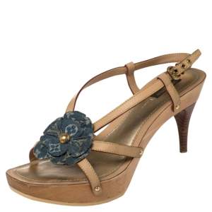 Pre Owned Louis Vuitton Beige/Blue Leather And Monogram Denim Platform Slingback Sandals Size 39.5