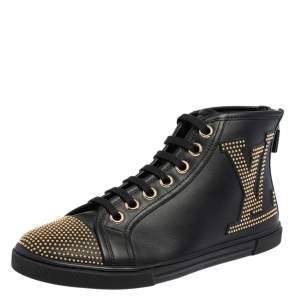 Louis Vuitton Black Leather Studded Punchy High Top Sneakers Size 37